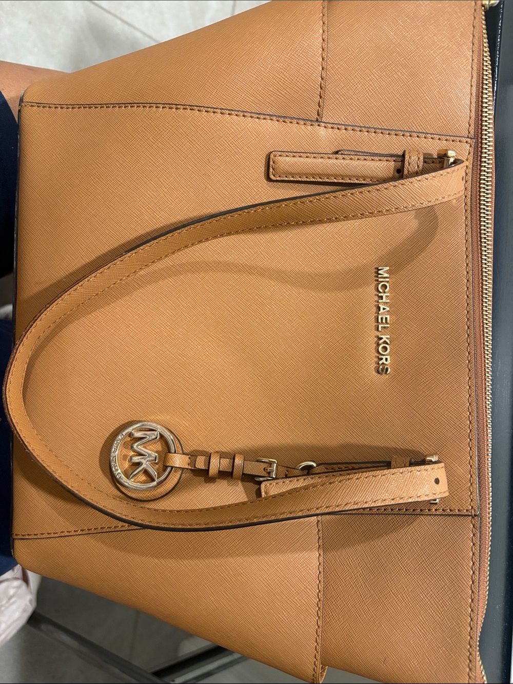 Michael Kors Cognac Saffiano Leather Tote with Logo Charm